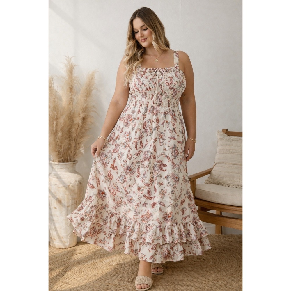 Floral Smocked Maxi Dress Adjustable Straps Boho Cottagecore Flowy Dress M